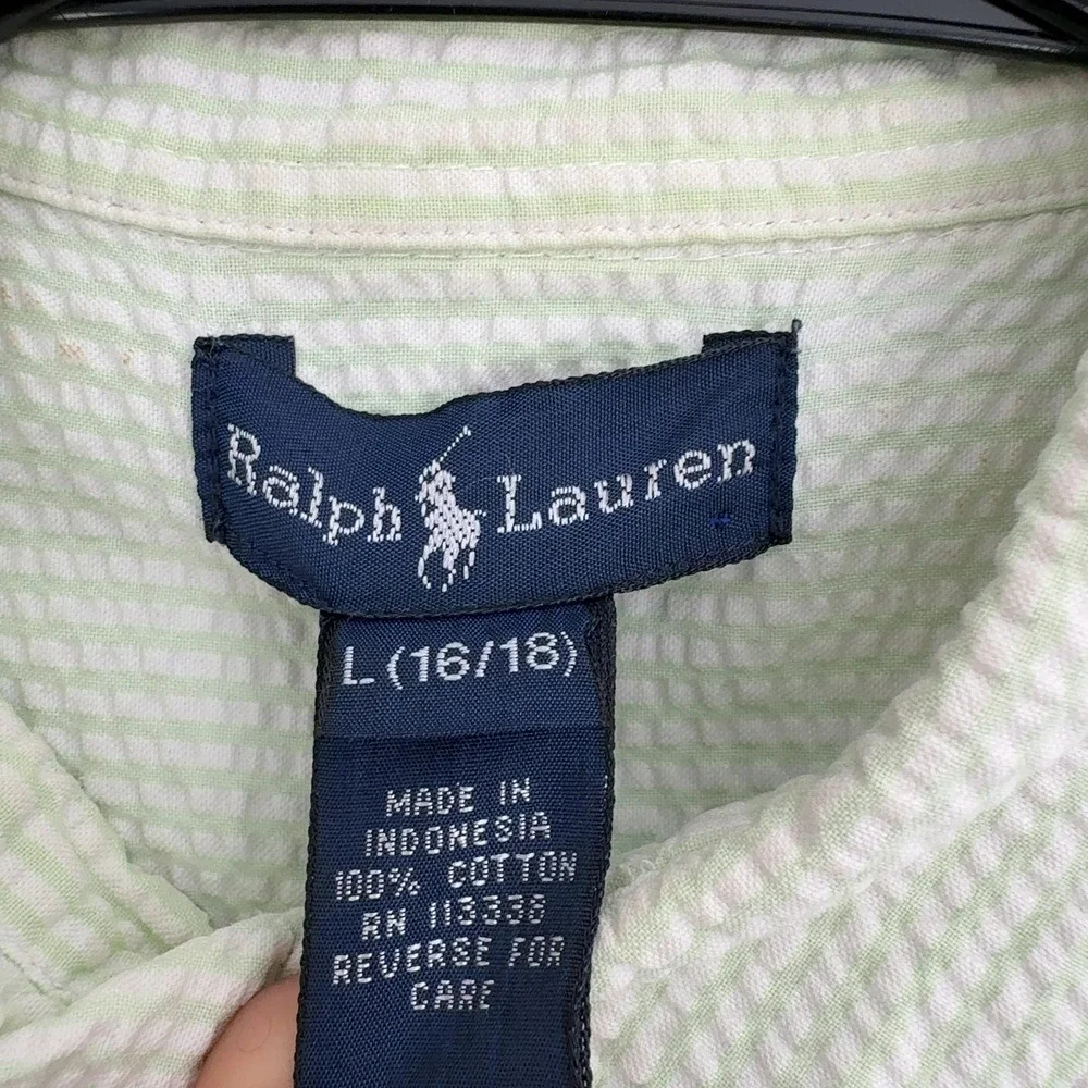 Ralph Lauren Button Up Shirt Boys L Green Seersucker Short Sleeve Preppy Classic
